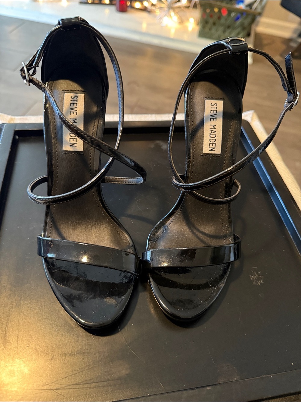 Steve Madden Black Patent Strappy Ankle-Heel Sandals